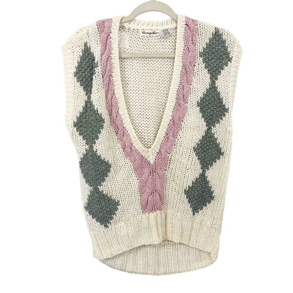 Vintage Argyle‎ Diamond Knit Deep V-Neck Sweater Vest Cream Pink Size Small